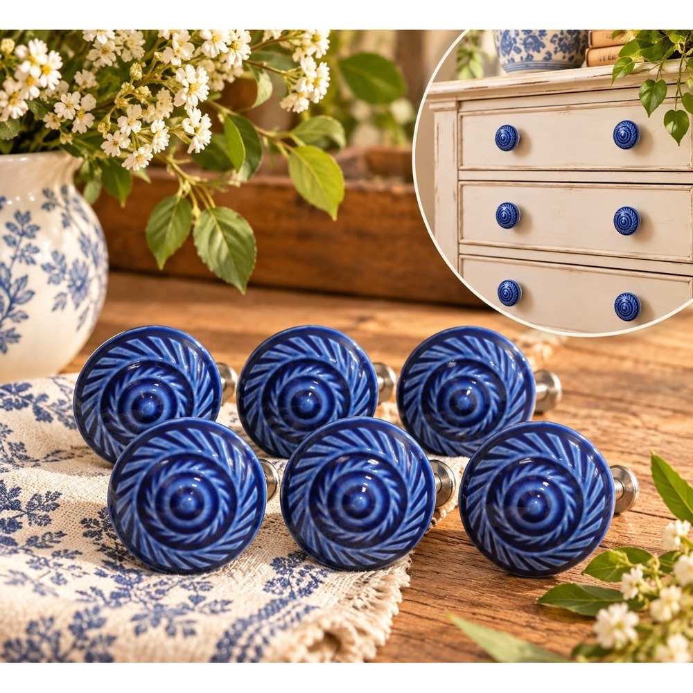 Set of 6 Cobalt Blue Ceramic Cabinet Knobs Textured Cottagecore Drawer Pulls